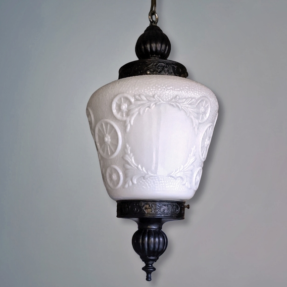 *SOLD*Antique embossed Milk Glass Hanging Swag Light Fixtures Victorian Old West - Picture 6 of 10